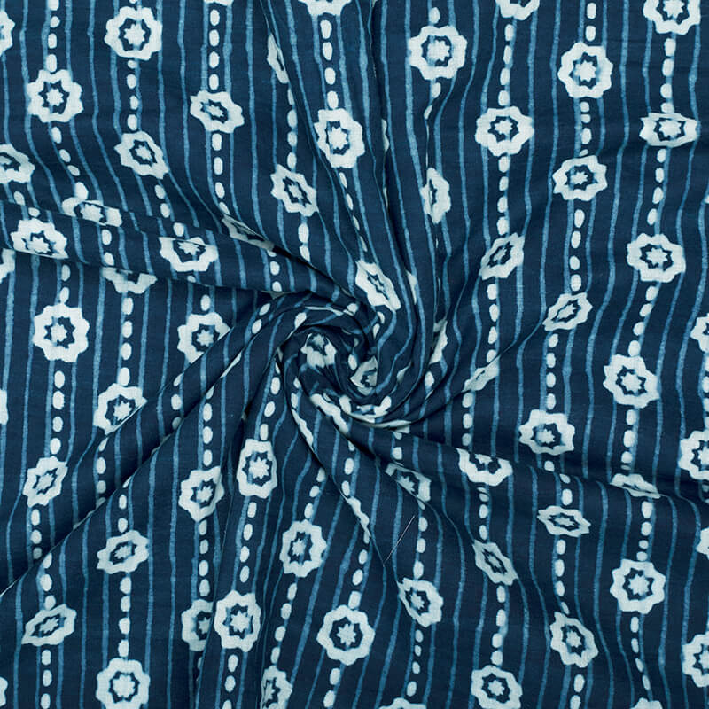 Indigo Stripes Pattern Natural Dye Printed Organic Cotton Fabric - Fabcurate