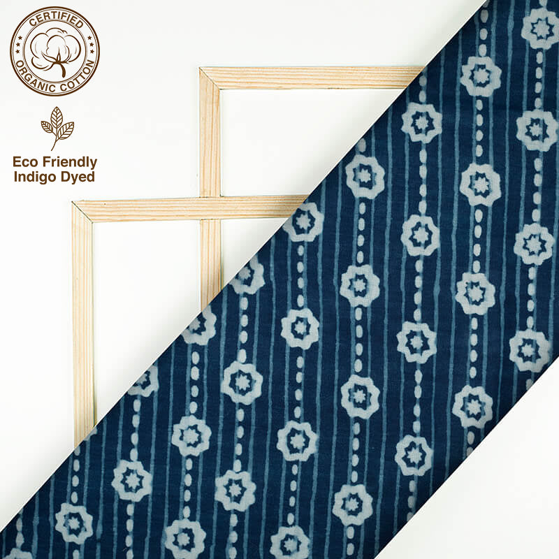 Indigo Stripes Pattern Natural Dye Printed Organic Cotton Fabric - Fabcurate
