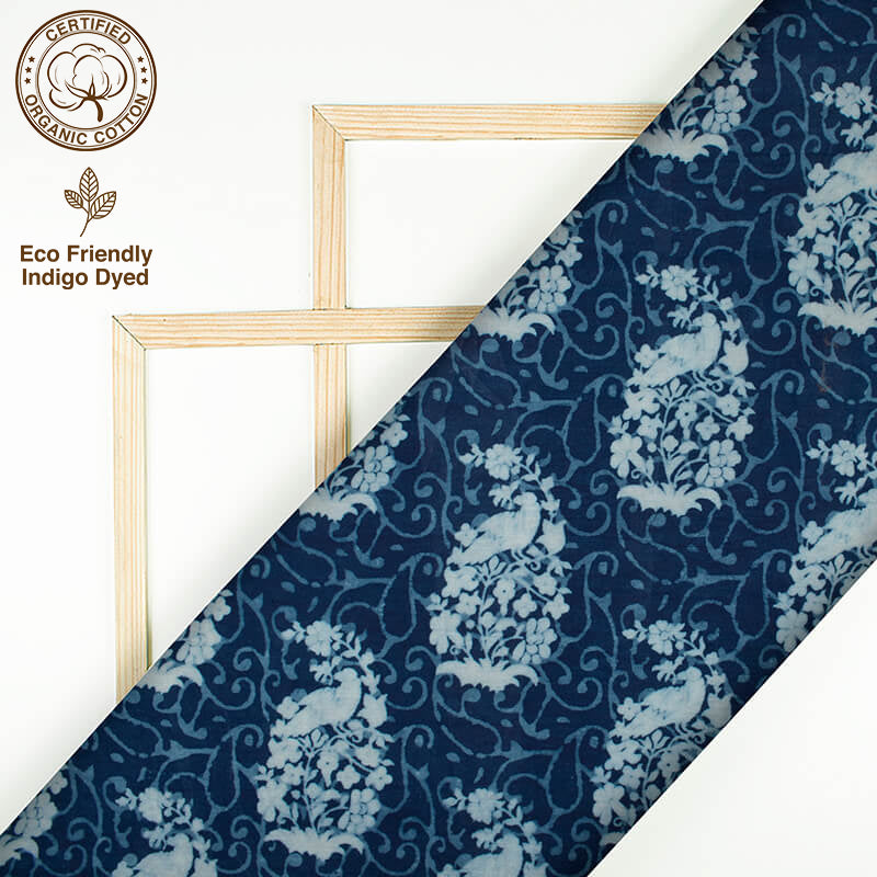 Indigo Floral Pattern Natural Dye Printed Organic Cotton Fabric - Fabcurate
