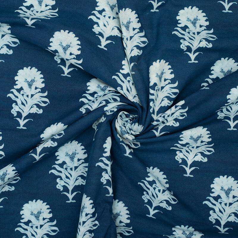 Indigo Floral Pattern Natural Dye Printed Organic Cotton Fabric - Fabcurate