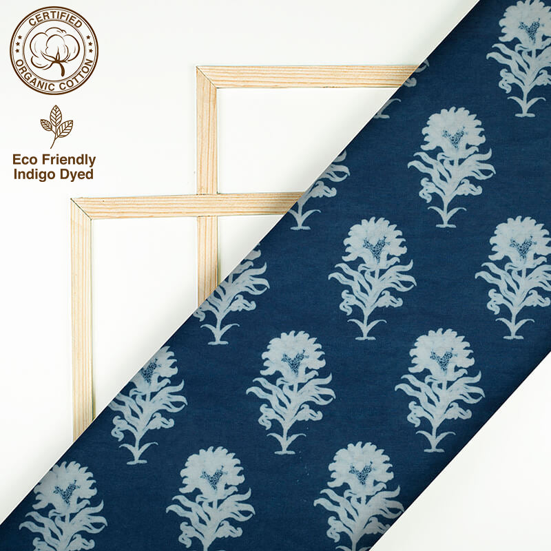 Indigo Floral Pattern Natural Dye Printed Organic Cotton Fabric - Fabcurate