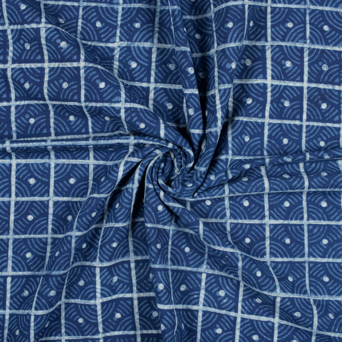 Indigo Geometric Pattern Natural Dye Akola Handblock Cotton Fabric