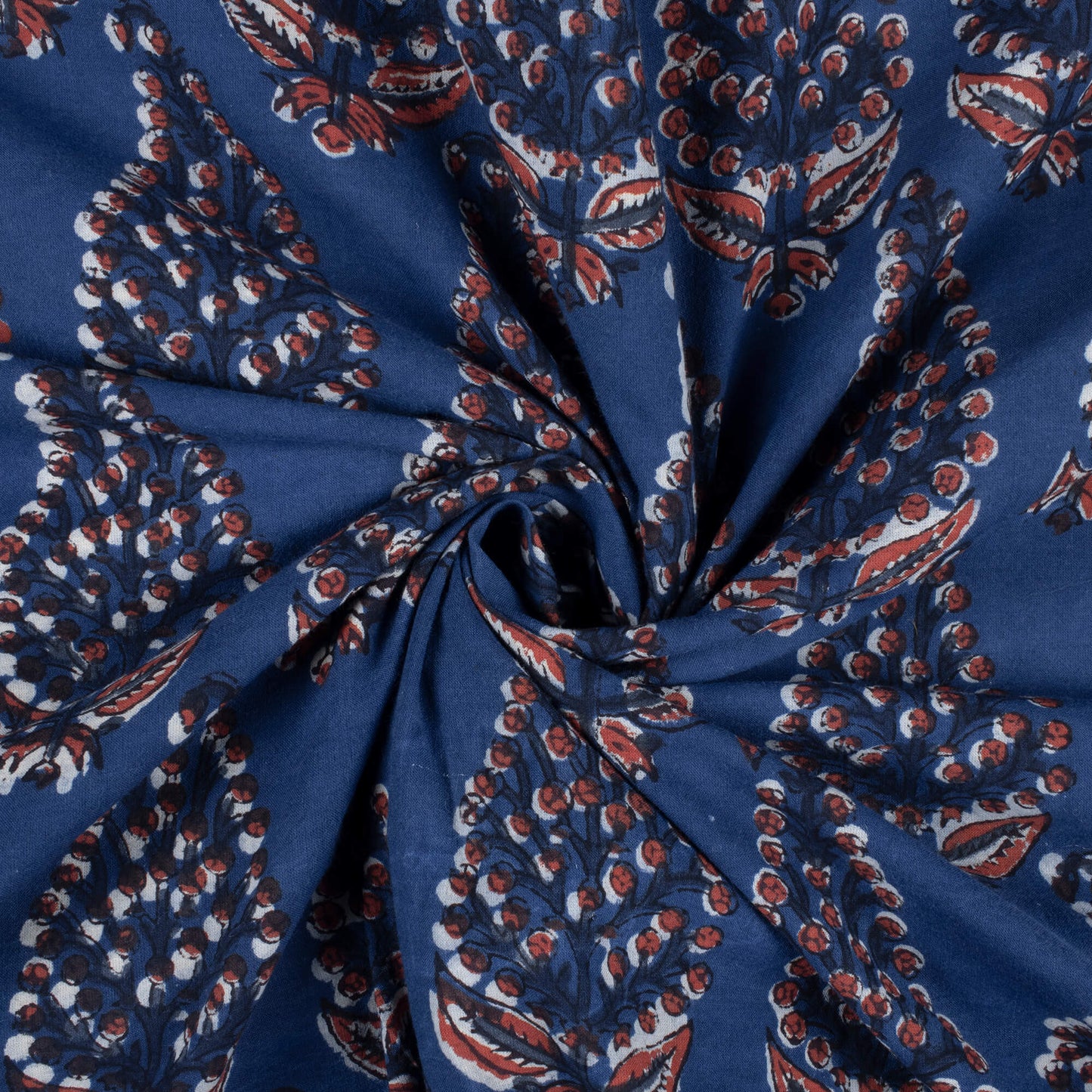 Multi-Color Indigo Floral Pattern Handblock Cotton Fabric