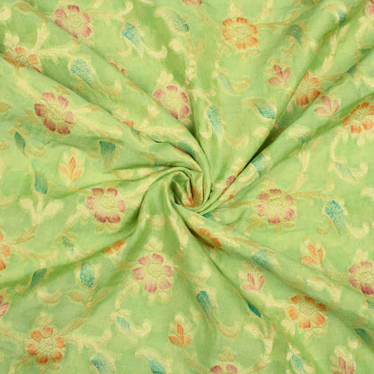 Pistachio Green And Red Floral Pattern Zari Jacquard Banarasi Chiffon Satin Fabric