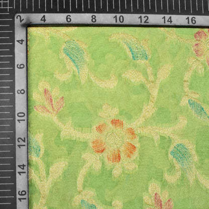Pistachio Green And Red Floral Pattern Zari Jacquard Banarasi Chiffon Satin Fabric