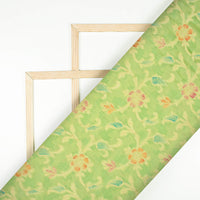 Pistachio Green And Red Floral Pattern Zari Jacquard Banarasi Chiffon Satin Fabric