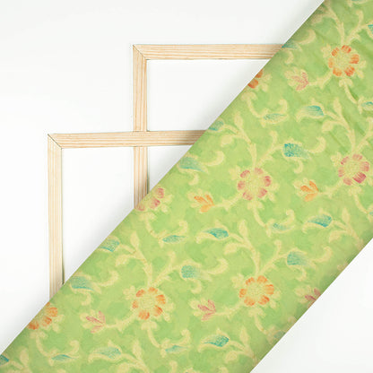 Pistachio Green And Red Floral Pattern Zari Jacquard Banarasi Chiffon Satin Fabric