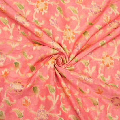 Watermelon Pink And Green Floral Pattern Zari Jacquard Banarasi Chiffon Satin Fabric - Fabcurate