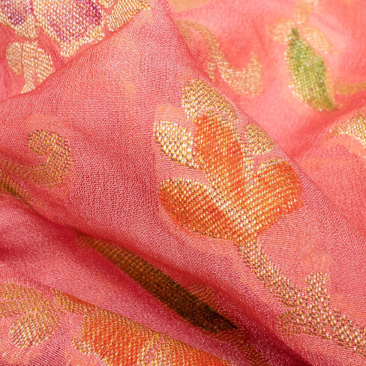 Watermelon Pink And Green Floral Pattern Zari Jacquard Banarasi Chiffon Satin Fabric - Fabcurate
