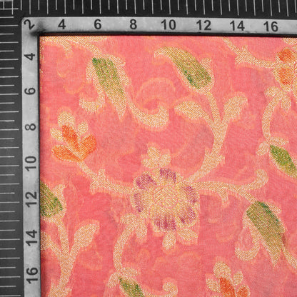 Watermelon Pink And Green Floral Pattern Zari Jacquard Banarasi Chiffon Satin Fabric - Fabcurate