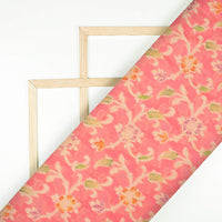 Watermelon Pink And Green Floral Pattern Zari Jacquard Banarasi Chiffon Satin Fabric - Fabcurate