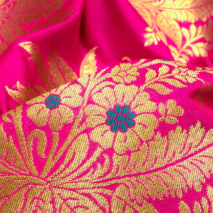Magenta Pink Floral Pattern Zari Jacquard Banarasi Silk Fabric - Fabcurate