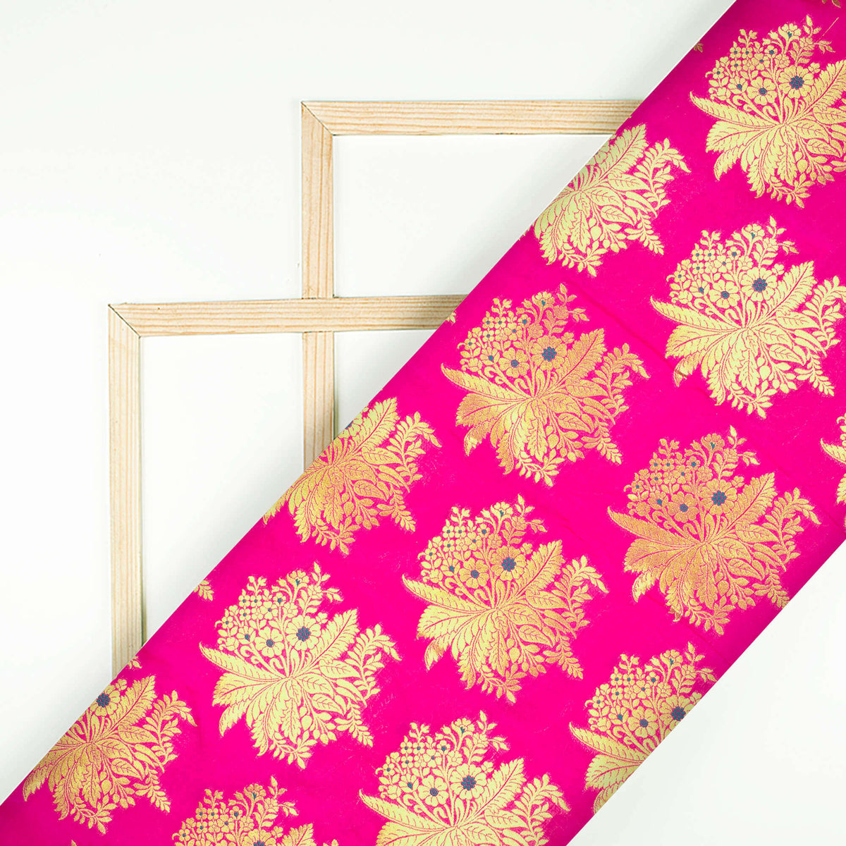 Magenta Pink Floral Pattern Zari Jacquard Banarasi Silk Fabric - Fabcurate