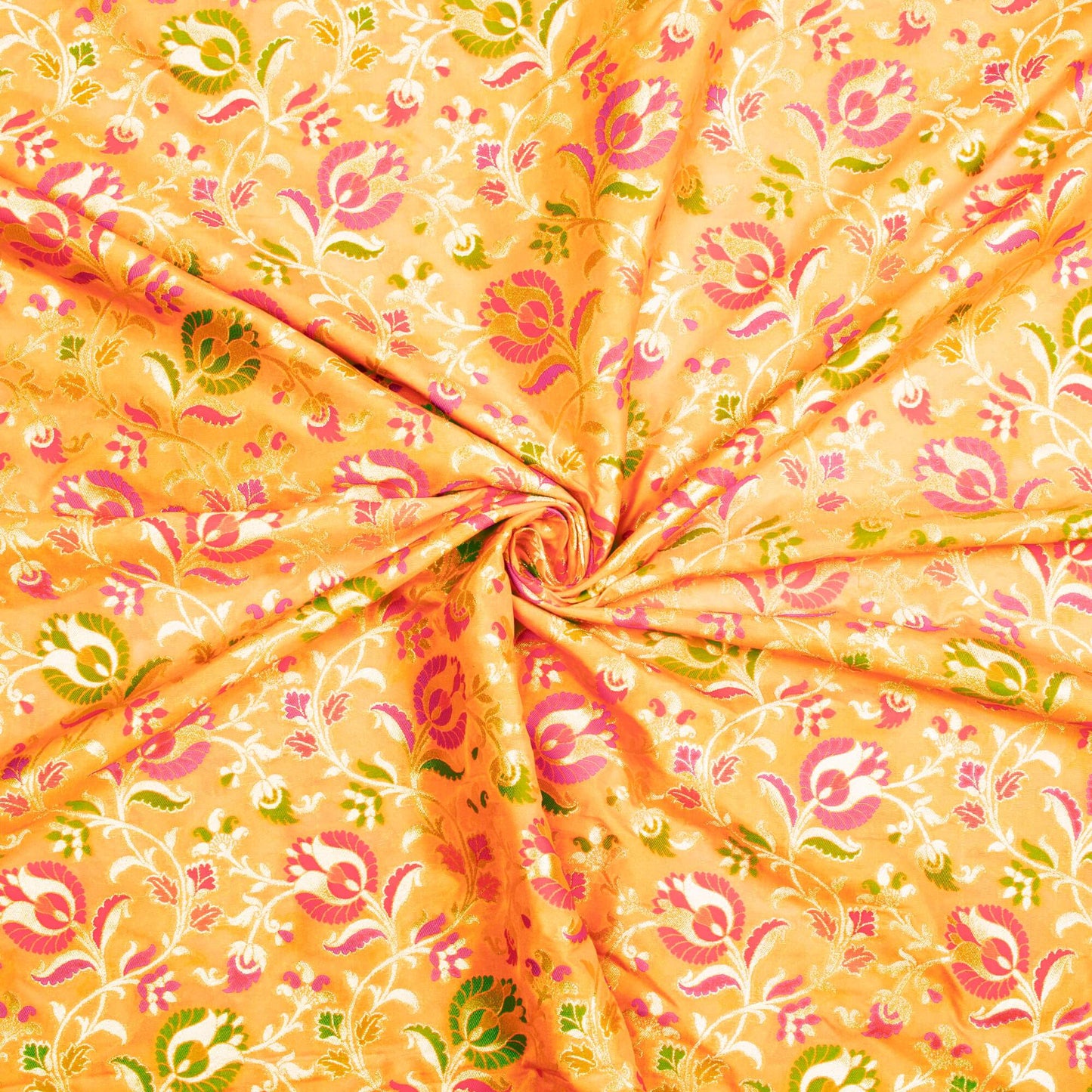 Honey Yellow And Fuchsia Floral Pattern Zari Jacquard Banarasi Silk Fabric