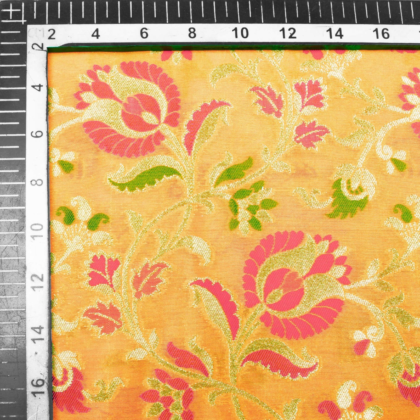 Honey Yellow And Fuchsia Floral Pattern Zari Jacquard Banarasi Silk Fabric