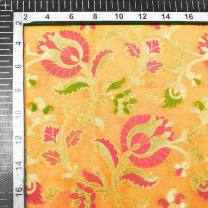 Honey Yellow And Fuchsia Floral Pattern Zari Jacquard Banarasi Silk Fabric
