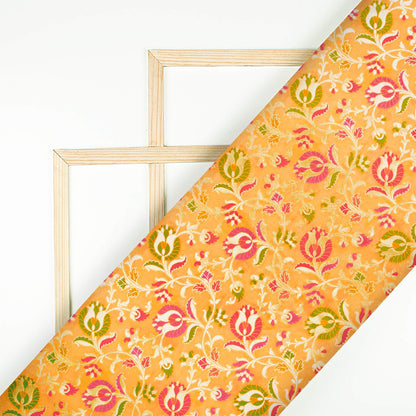 Honey Yellow And Fuchsia Floral Pattern Zari Jacquard Banarasi Silk Fabric