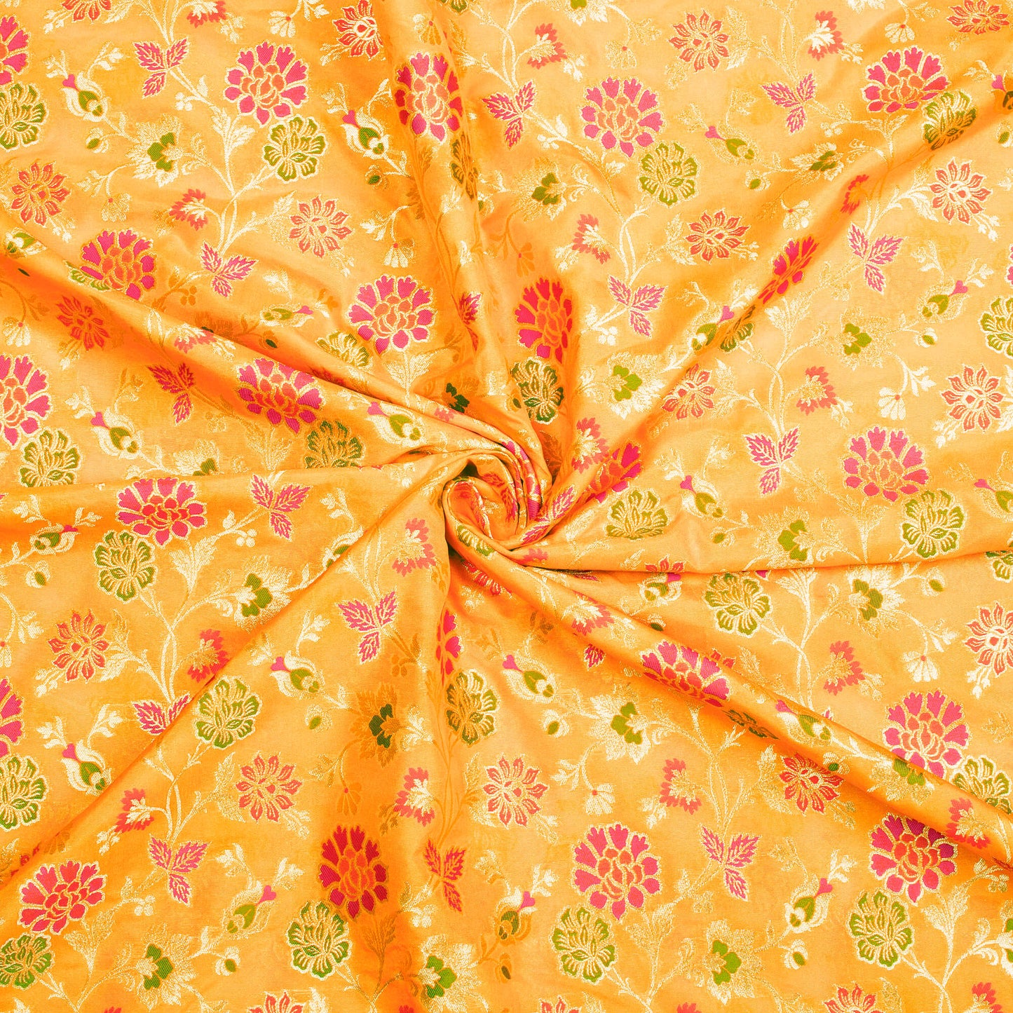 Honey Yellow And Fuchsia Floral Pattern Zari Jacquard Banarasi Silk Fabric