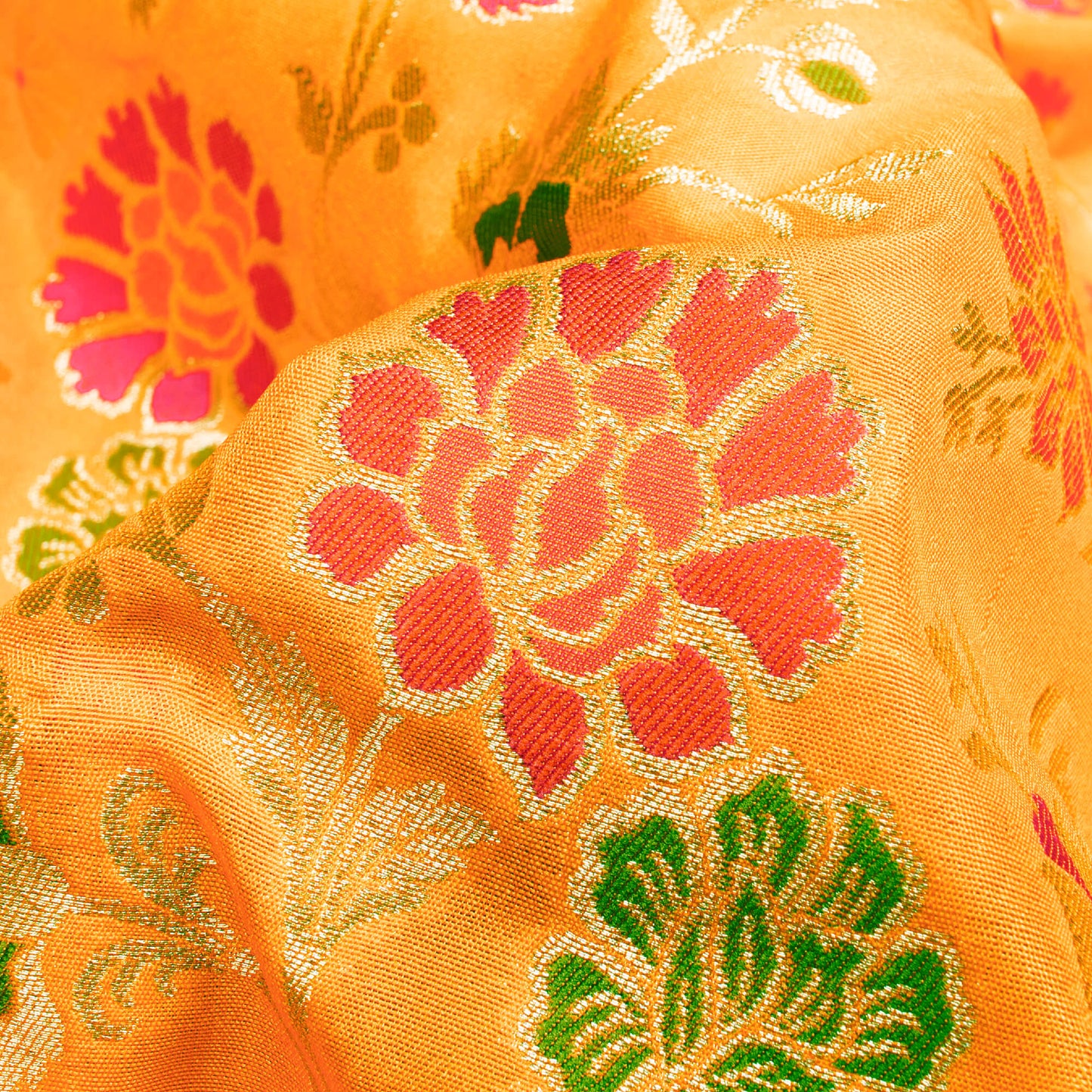 Honey Yellow And Fuchsia Floral Pattern Zari Jacquard Banarasi Silk Fabric