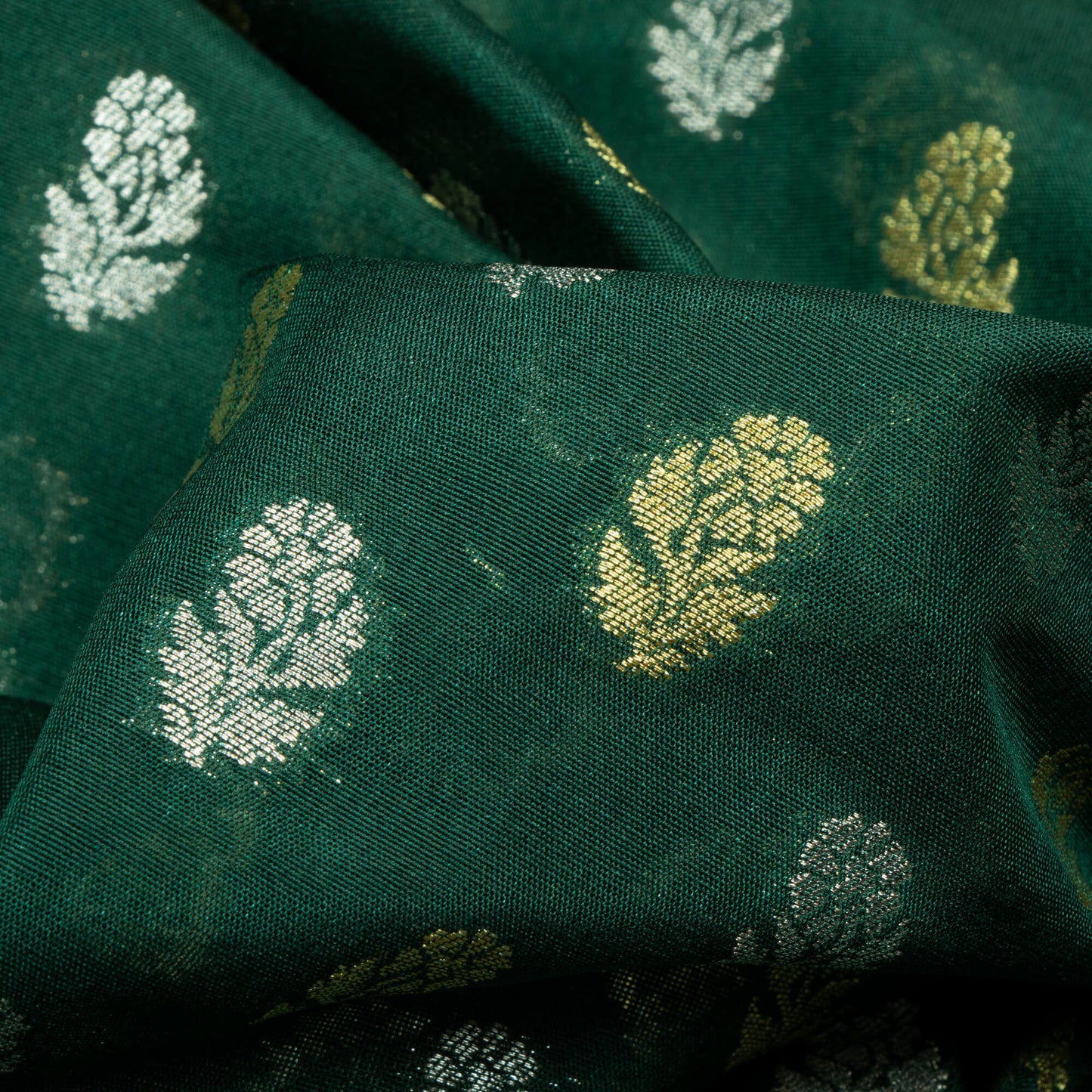 Sacremento Green Floral Pattern Zari Jacquard Banarasi Silk Fabric