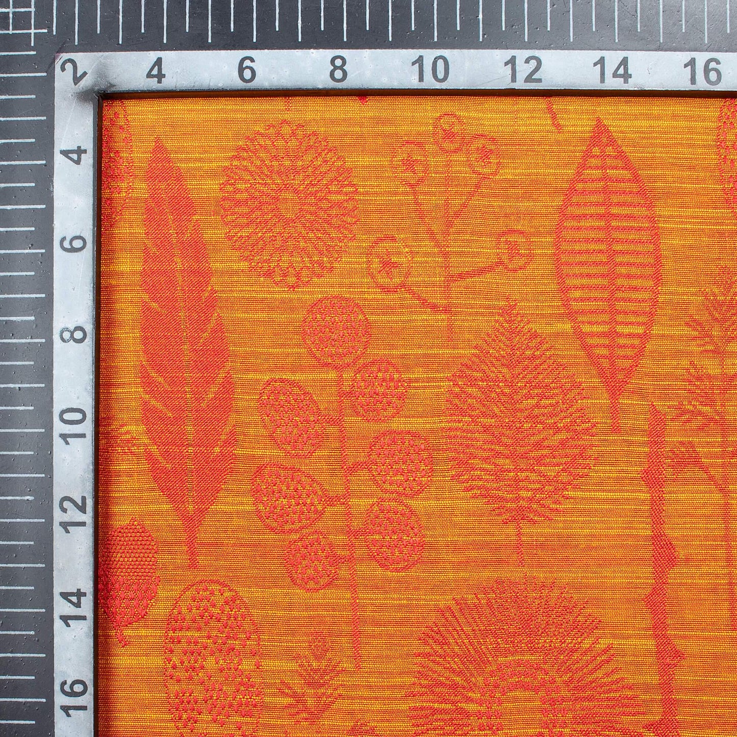 Burnt Orange Floral Pattern Dual Tone Jacquard Chanderi slub Fabric - Fabcurate