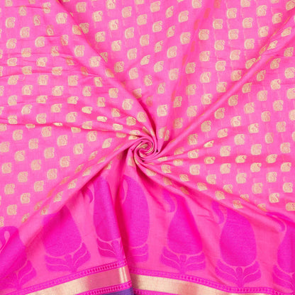 Taffy Pink And Blue Paisely Pattern Zari Jacquard With Heavy Border Chanderi Fabric - Fabcurate