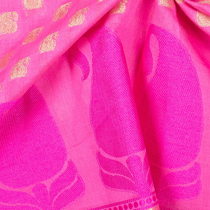 Taffy Pink And Blue Paisely Pattern Zari Jacquard With Heavy Border Chanderi Fabric - Fabcurate