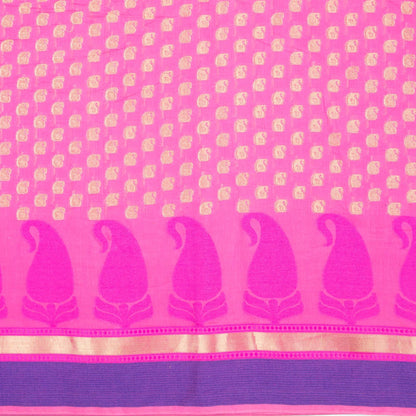 Taffy Pink And Blue Paisely Pattern Zari Jacquard With Heavy Border Chanderi Fabric - Fabcurate