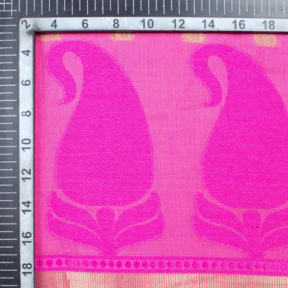 Taffy Pink And Blue Paisely Pattern Zari Jacquard With Heavy Border Chanderi Fabric - Fabcurate
