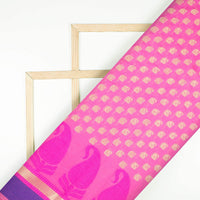 Taffy Pink And Blue Paisely Pattern Zari Jacquard With Heavy Border Chanderi Fabric - Fabcurate