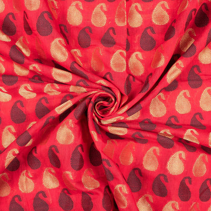 Vermilion Red And Black Paisely Pattern Zari Jacquard Chanderi Fabric - Fabcurate