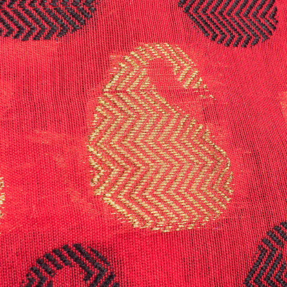 Vermilion Red And Black Paisely Pattern Zari Jacquard Chanderi Fabric - Fabcurate