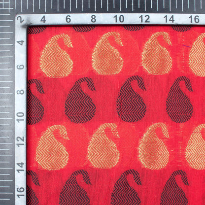 Vermilion Red And Black Paisely Pattern Zari Jacquard Chanderi Fabric - Fabcurate