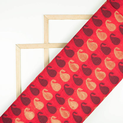 Vermilion Red And Black Paisely Pattern Zari Jacquard Chanderi Fabric - Fabcurate