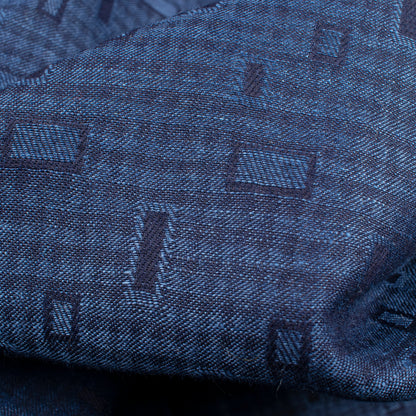 Denim Blue Abstract Pattern Dobby Cotton By Linen Fabric (Width 60 Inches)