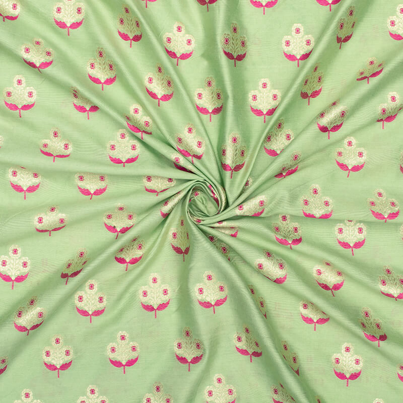 Pastel Green And Punch Pink Floral Pattern Zari Jacquard Banarasi Muga Silk Fabric - Fabcurate