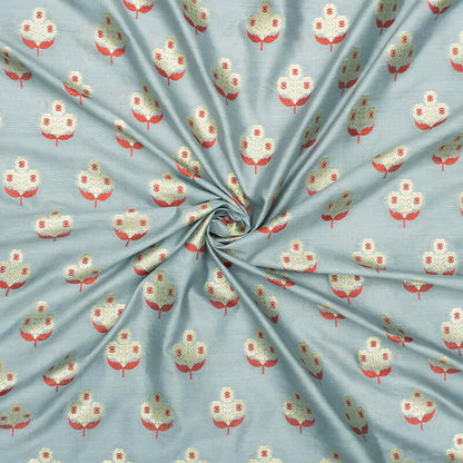 Grey And Red Floral Pattern Zari Jacquard Banarasi Muga Silk Fabric - Fabcurate