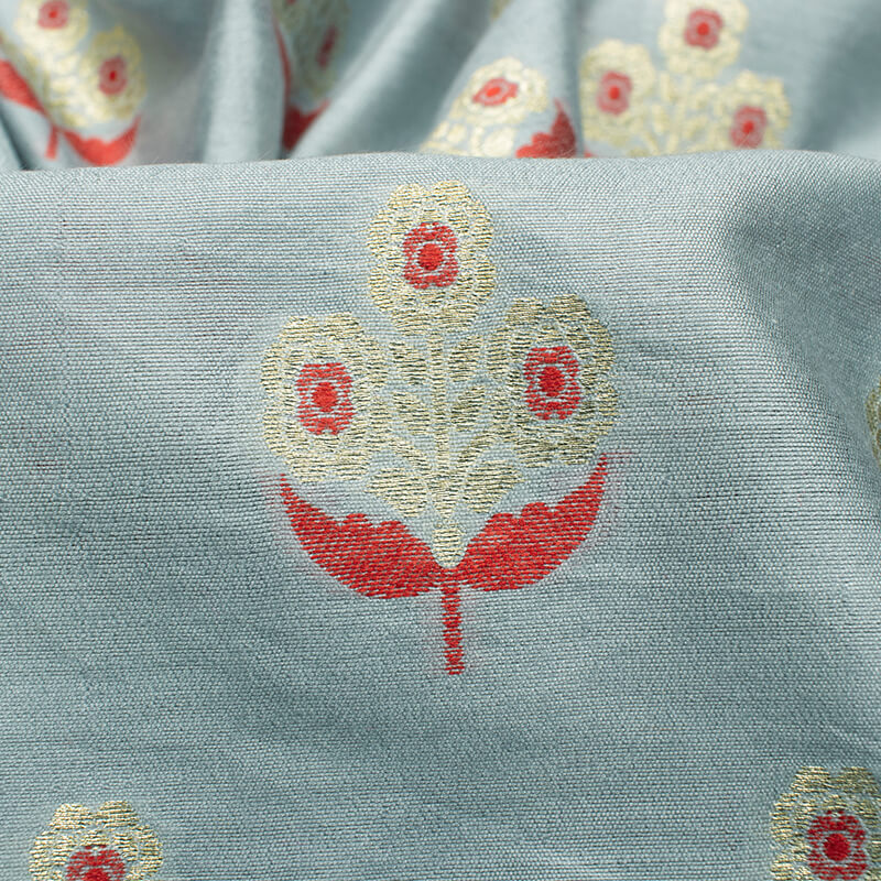 Grey And Red Floral Pattern Zari Jacquard Banarasi Muga Silk Fabric - Fabcurate