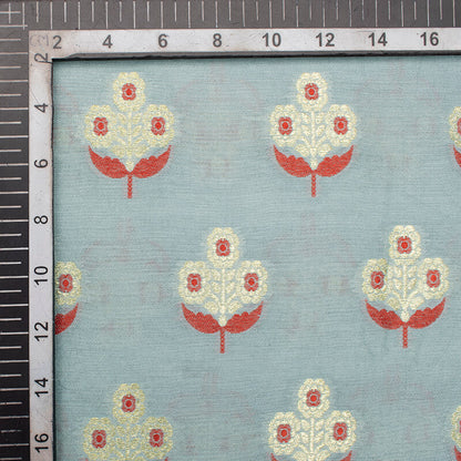 Grey And Red Floral Pattern Zari Jacquard Banarasi Muga Silk Fabric - Fabcurate