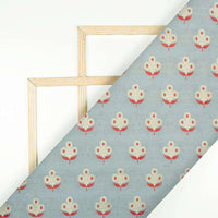 Grey And Red Floral Pattern Zari Jacquard Banarasi Muga Silk Fabric - Fabcurate