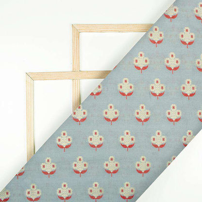 Grey And Red Floral Pattern Zari Jacquard Banarasi Muga Silk Fabric - Fabcurate