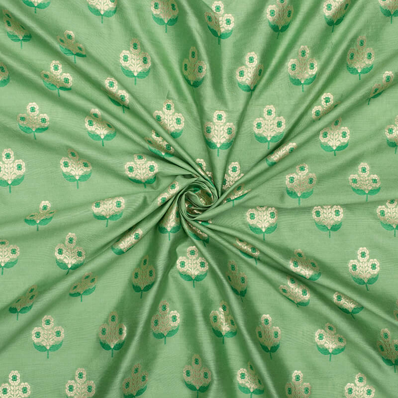 Pistachio Green Floral Pattern Zari Jacquard Banarasi Muga Silk Fabric - Fabcurate