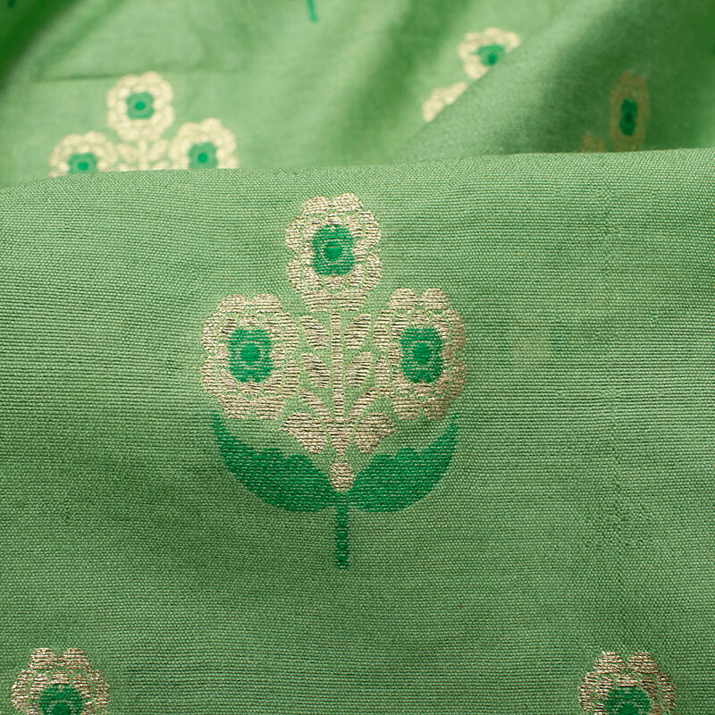 Pistachio Green Floral Pattern Zari Jacquard Banarasi Muga Silk Fabric - Fabcurate