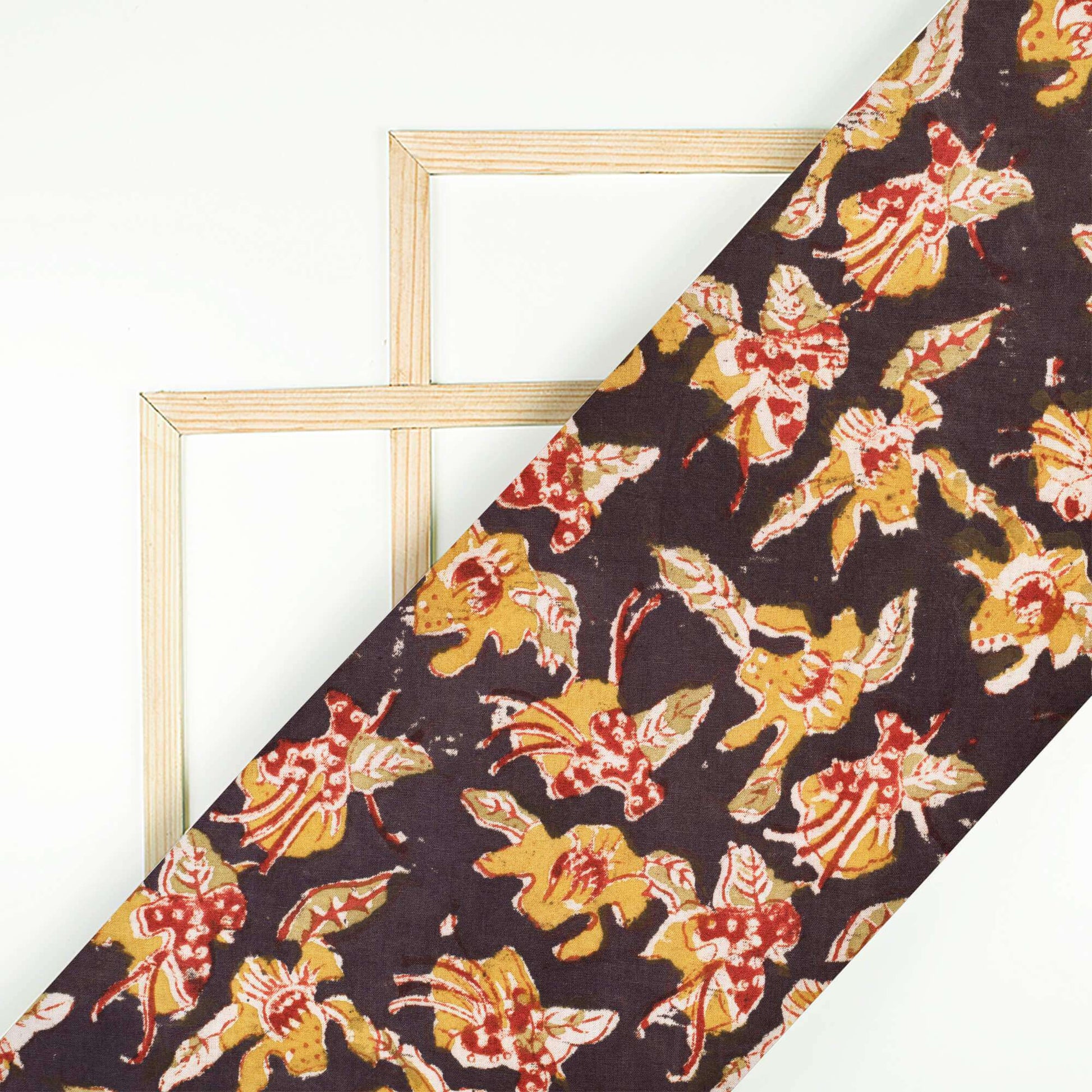 Jade Black And Mustard Yellow Floral Pattern Handblock Kalamkari Cotton Fabric - Fabcurate