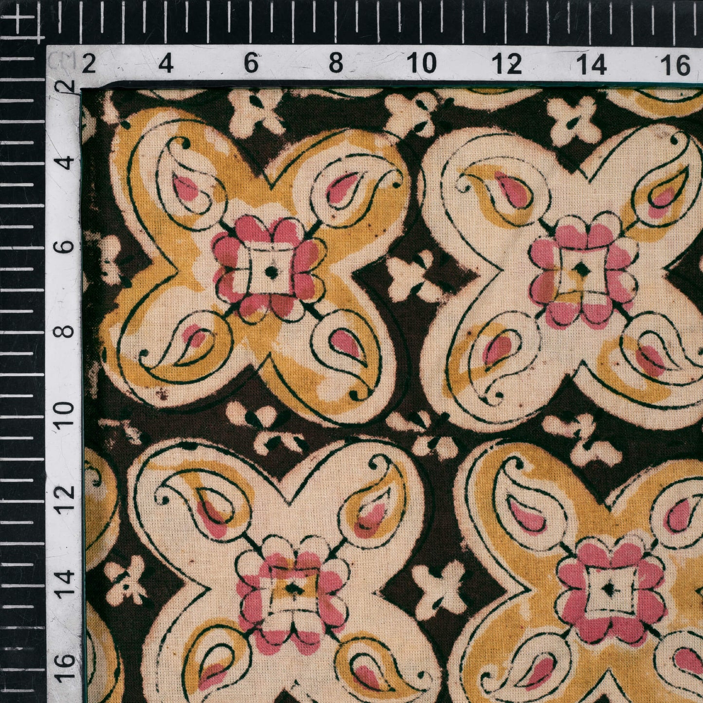 Black And Mustard Yellow Paisley Pattern Handblock Kalamkari Cotton Fabric - Fabcurate