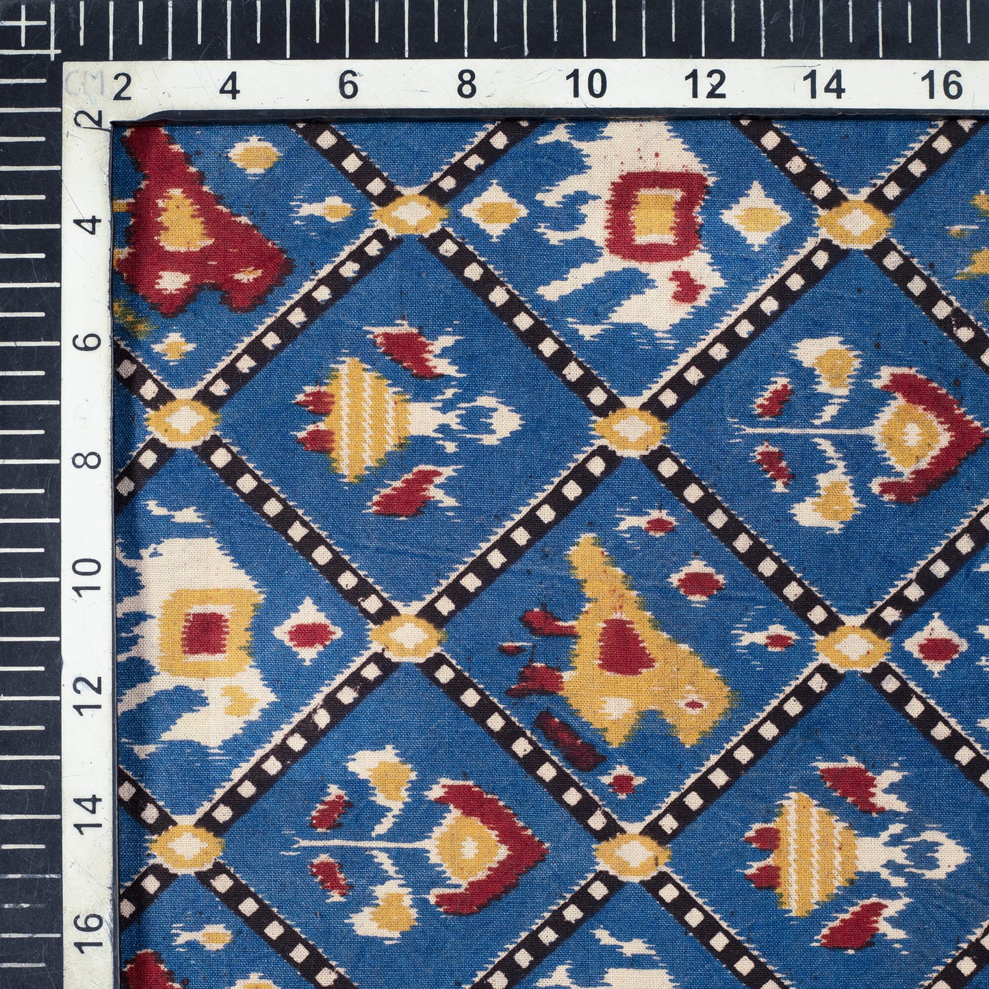 Yale Blue And Mustard Yellow Patola Pattern Screen Print Kalamkari Cotton Fabric - Fabcurate