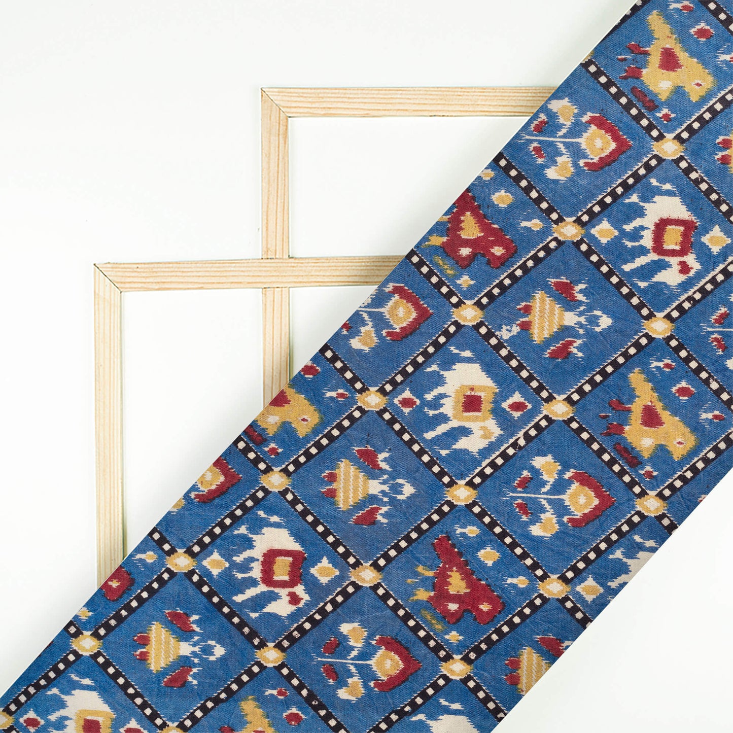 Yale Blue And Mustard Yellow Patola Pattern Screen Print Kalamkari Cotton Fabric - Fabcurate