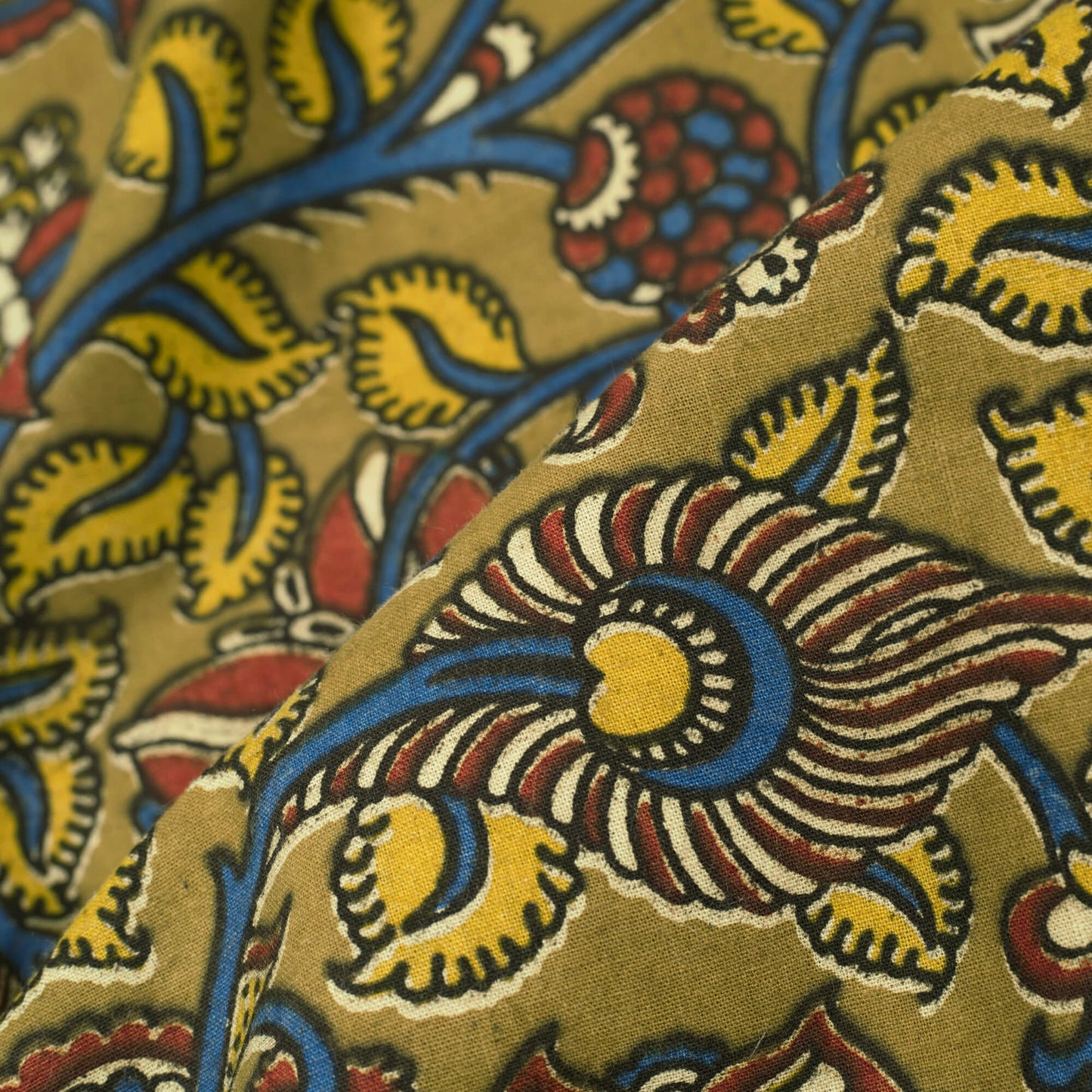 Tortilla Brown And Yale Blue Floral Pattern Screen Print Kalamkari Cotton Fabric - Fabcurate