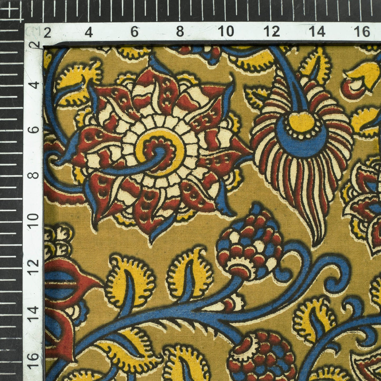 Tortilla Brown And Yale Blue Floral Pattern Screen Print Kalamkari Cotton Fabric - Fabcurate