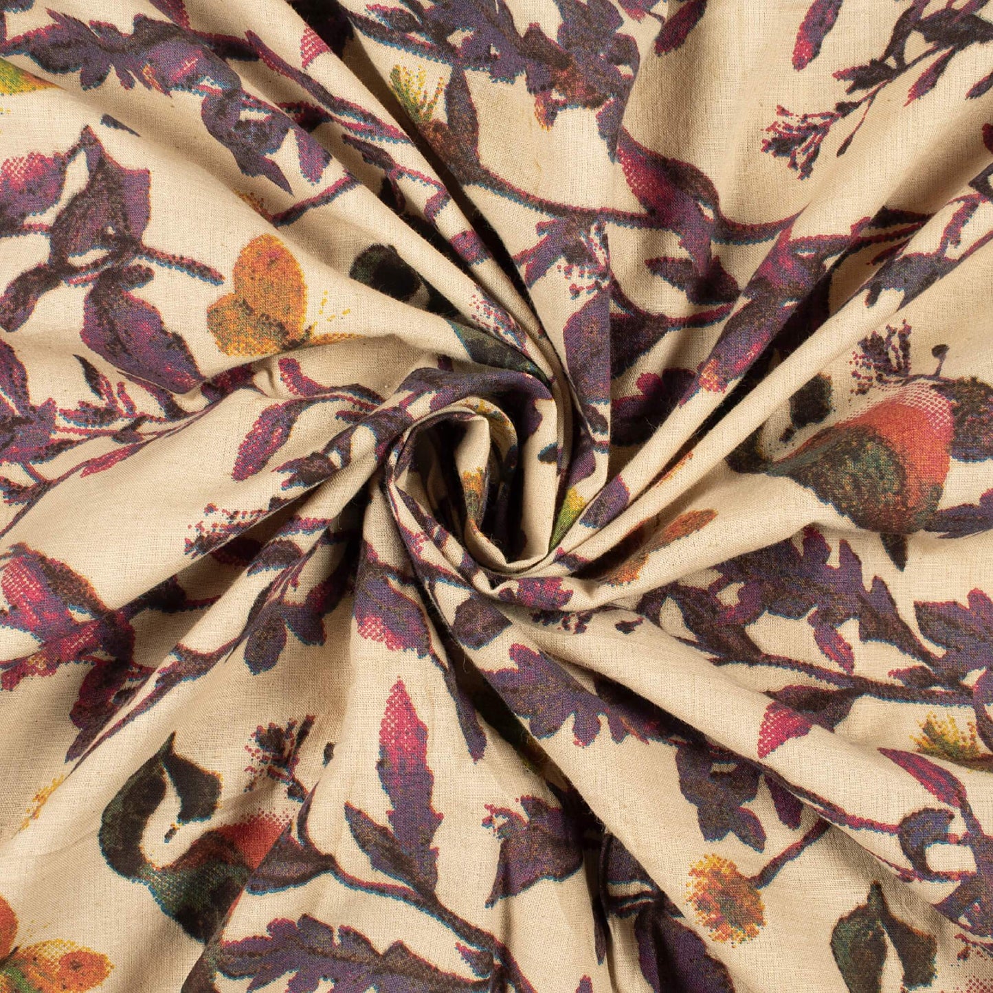 (Cut Piece 0.8 Mtr) Oat Beige And Plum Purple Floral Pattern Printed Kalamkari Cotton Fabric